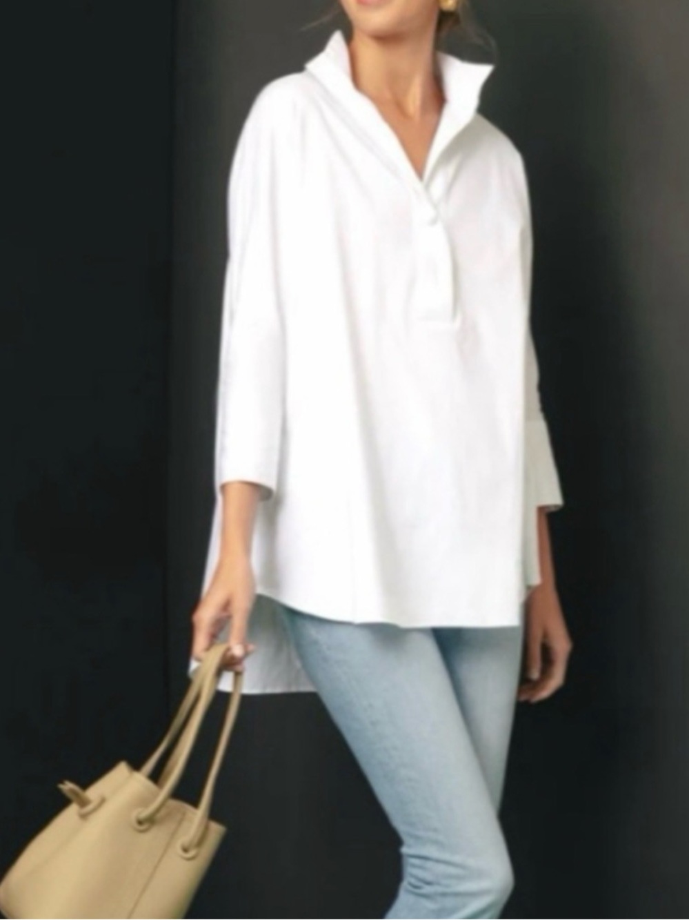 Tuckernuck Blanc Willow White Blouse of Cotton Poplin with 3/4 Sleeves - Medium